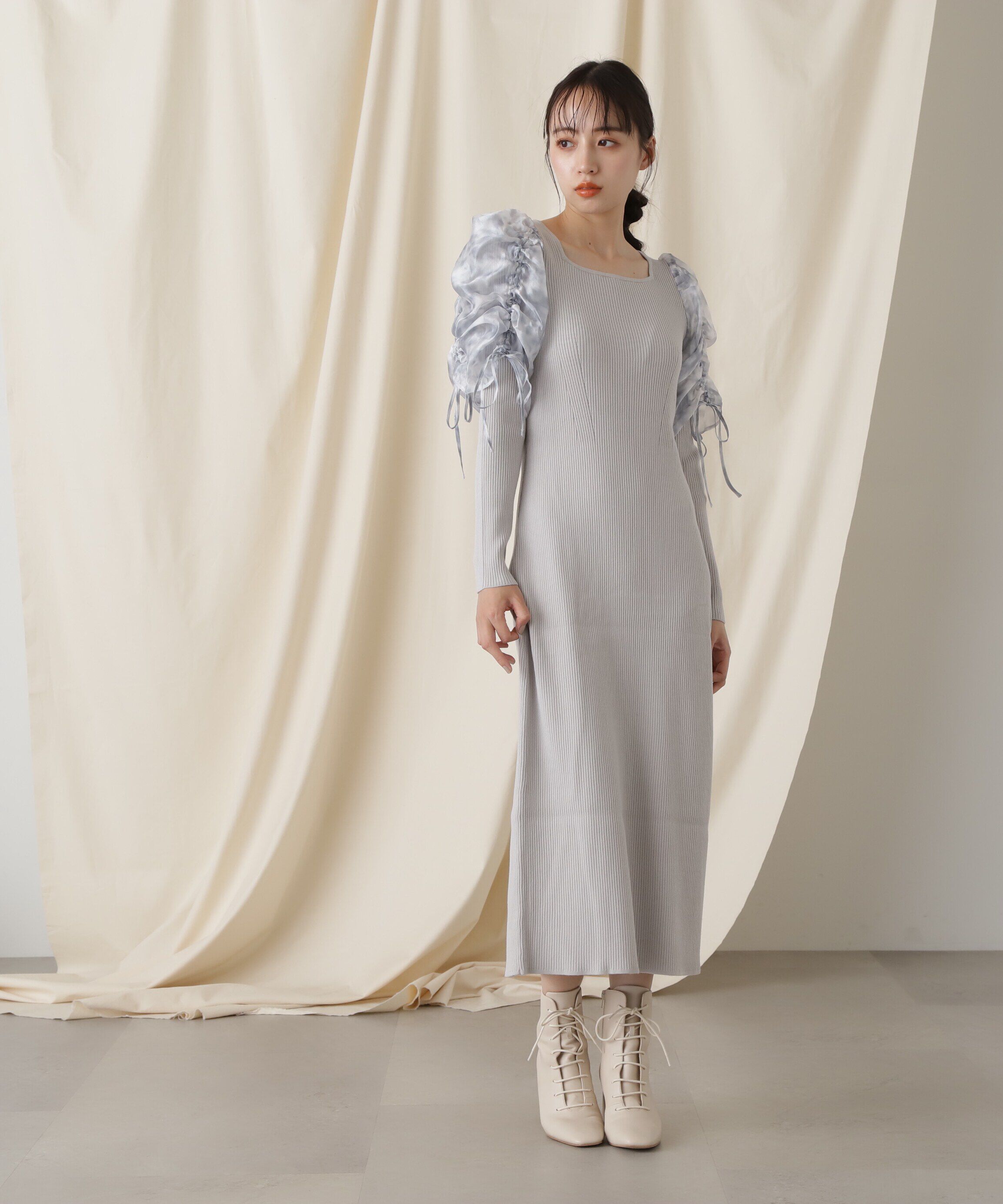  「シアーギャザースリーブニットワンピース」|ワンピース|