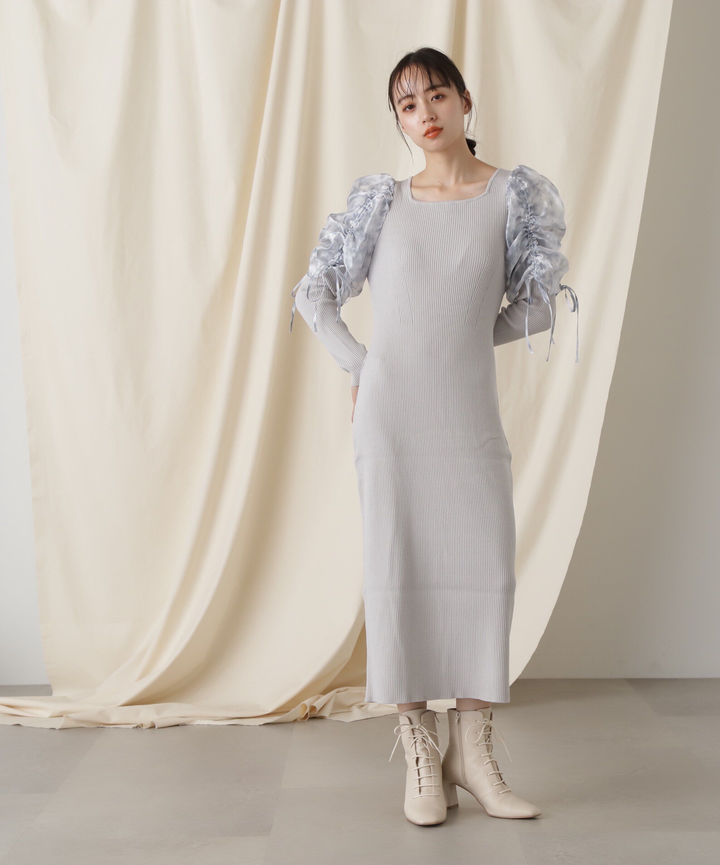  「シアーギャザースリーブニットワンピース」|ワンピース|