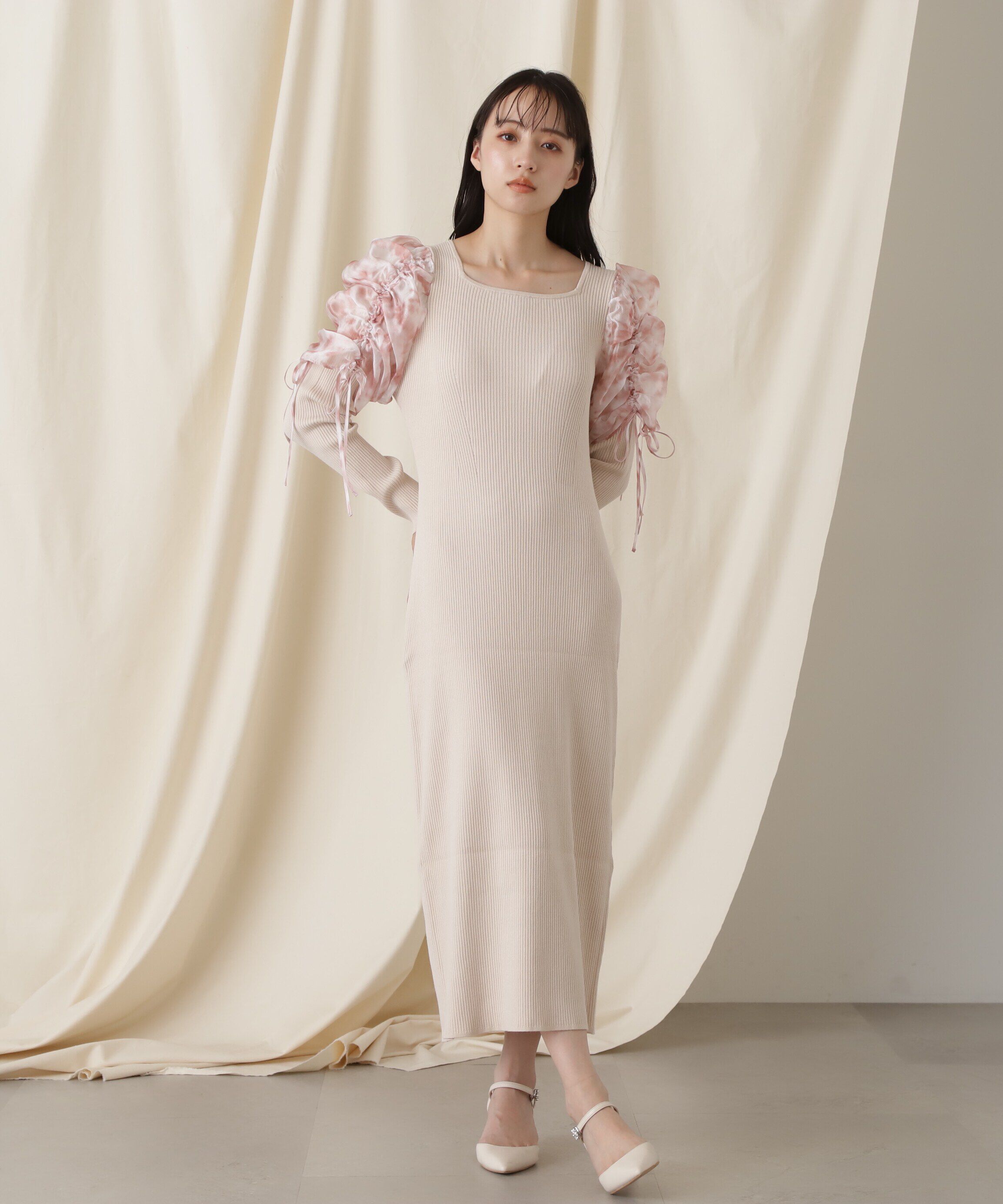  「シアーギャザースリーブニットワンピース」|ワンピース|