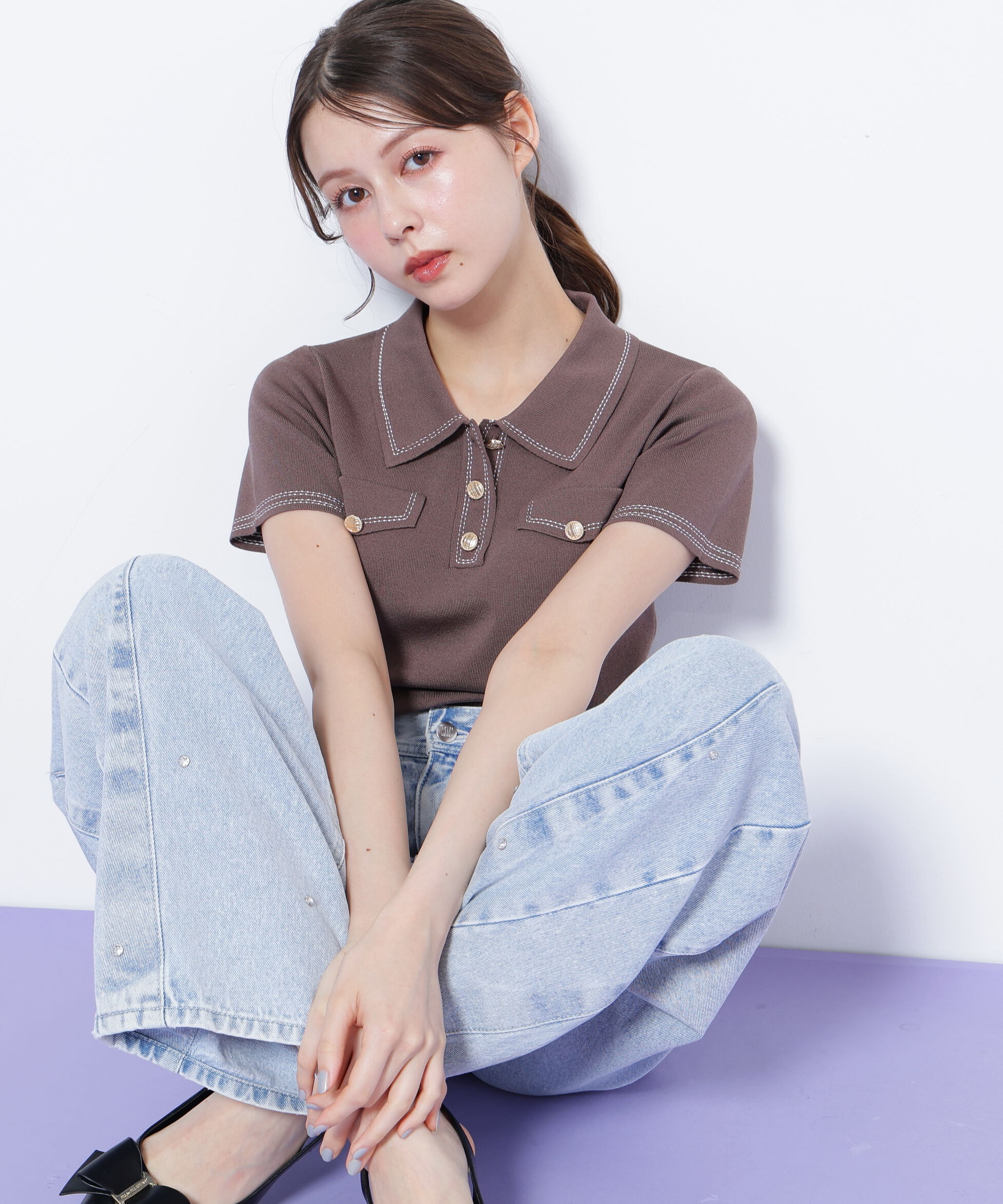  「ステッチポロニット」|ニット・セーター|ブラウン