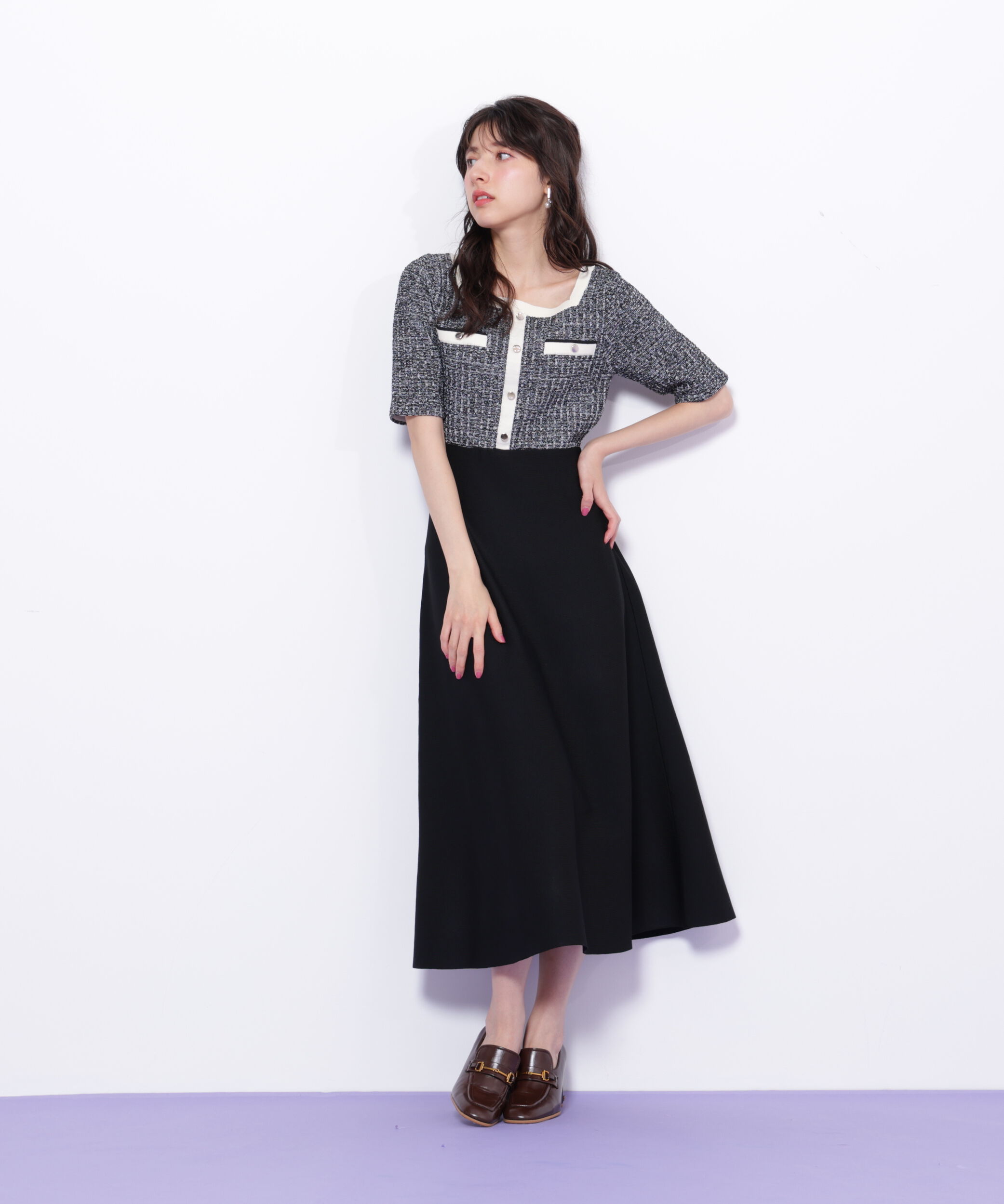  「ミックスツイード切替ニットワンピース」|ワンピース|