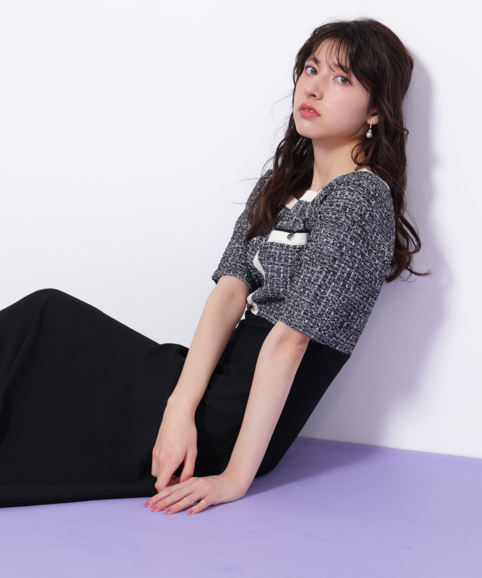  「ミックスツイード切替ニットワンピース」|ワンピース|