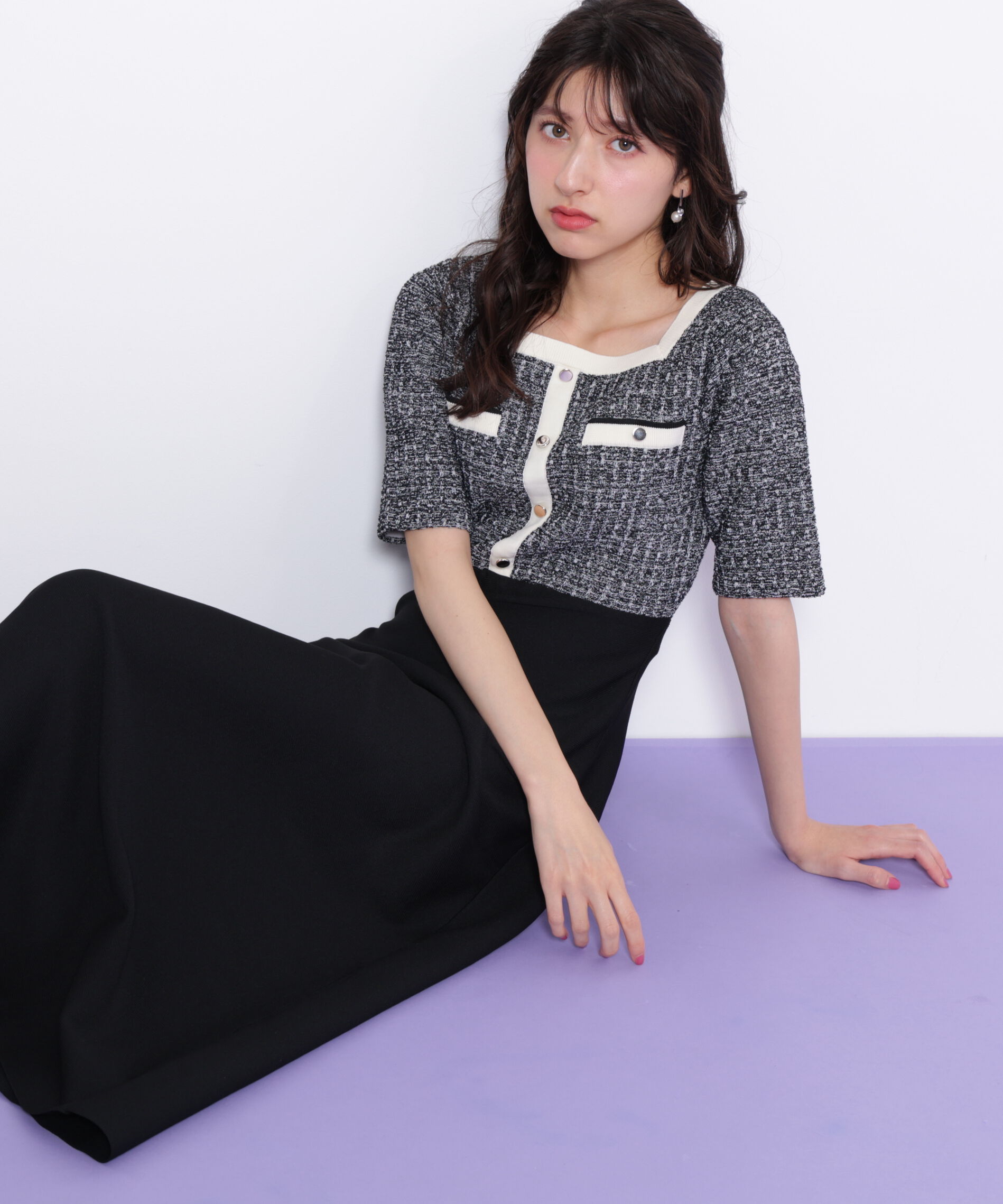  「ミックスツイード切替ニットワンピース」|ワンピース|