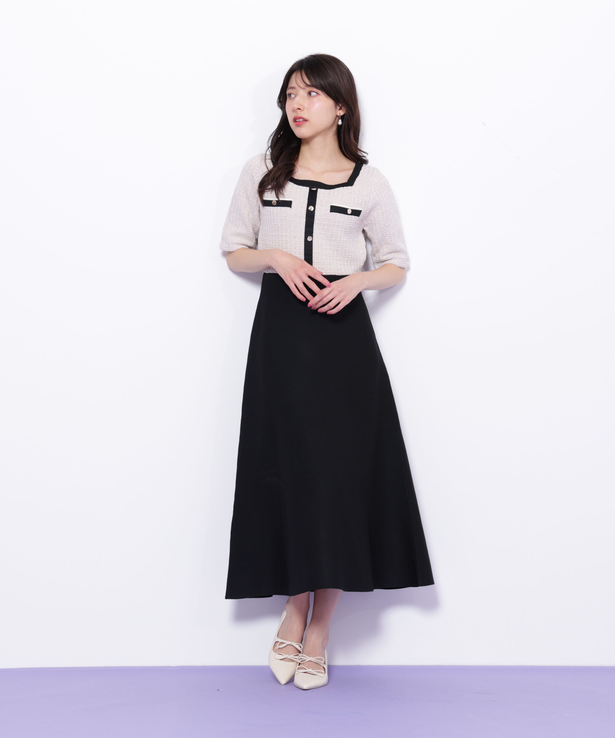  「ミックスツイード切替ニットワンピース」|ワンピース|