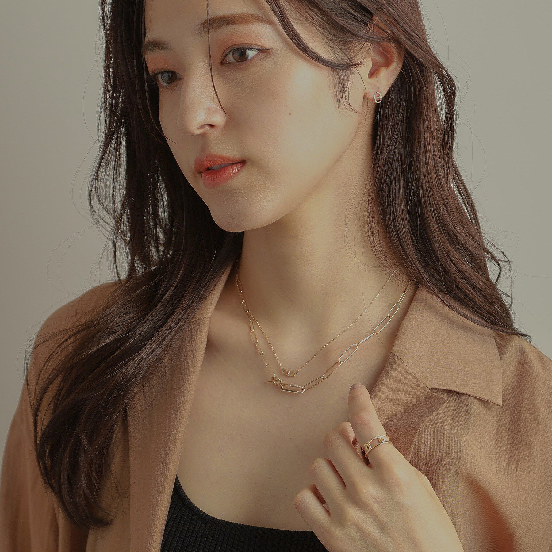 COCOSHNIK「K10ダイヤモンド ケーブルチェーンモチーフアシンメ リング」|リング|