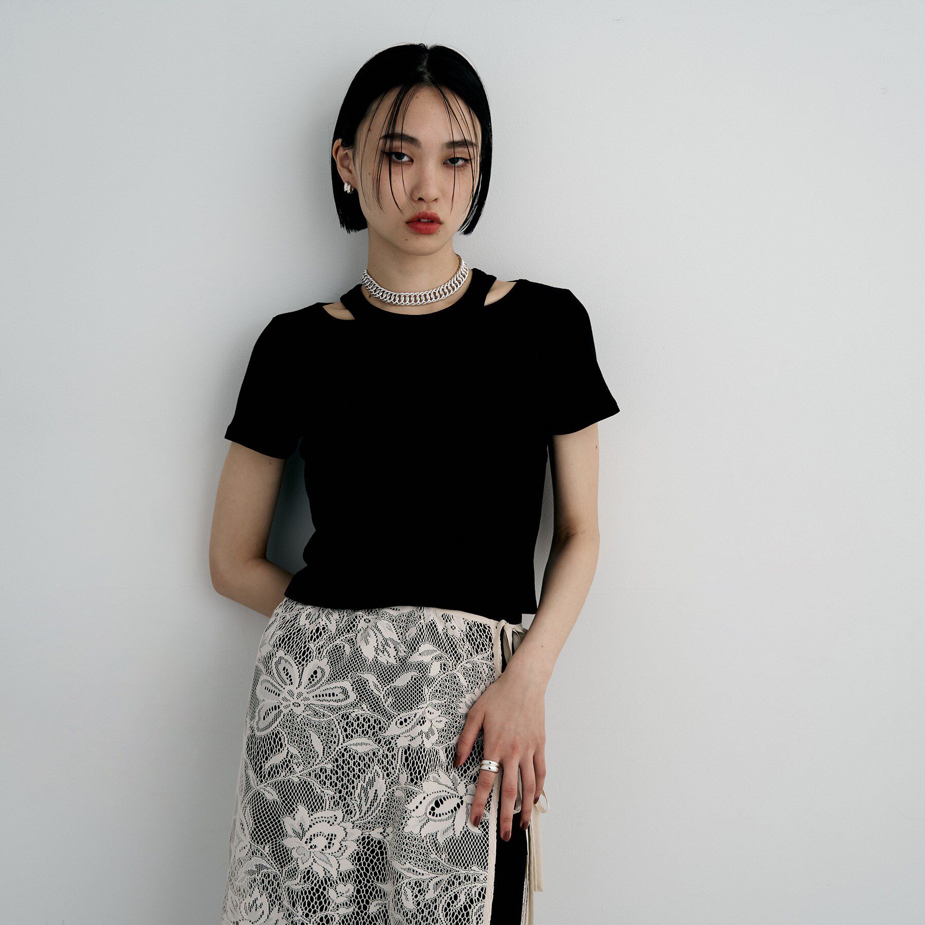 COCOSHNIK ONKITSCH「シルバー デザインチェーン ホロウダブルカーブネックレス」|ネックレス|