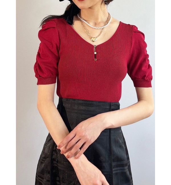 RESEXXY「ギャザースリーブニットトップス」|ニット・セーター|レッド