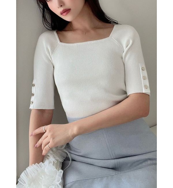 RESEXXY「シンプルスリーブニットトップス【ネイビーWEB限定カラー】」|ニット・セーター|ホワイト