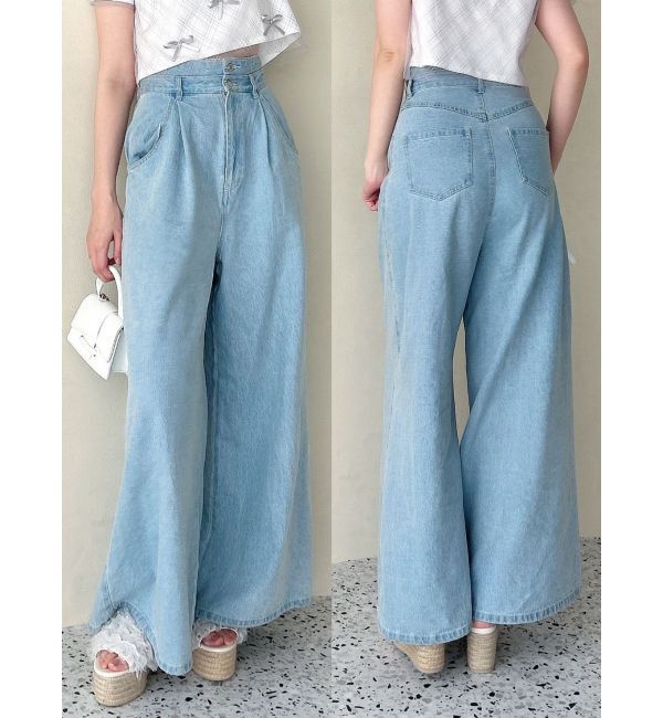 dazzlin「ダブルハイウエストワイドデニムパンツ」|デニム|
