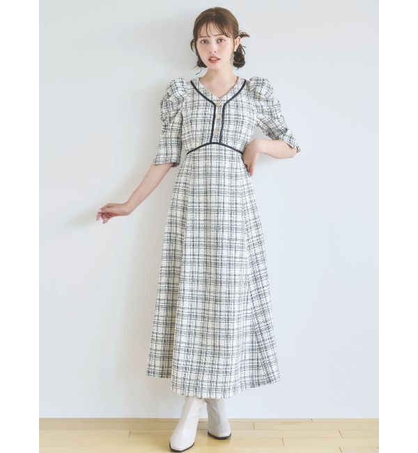 dazzlin「マルチボタンパイピングツイードワンピース」|ワンピース|オフホワイト