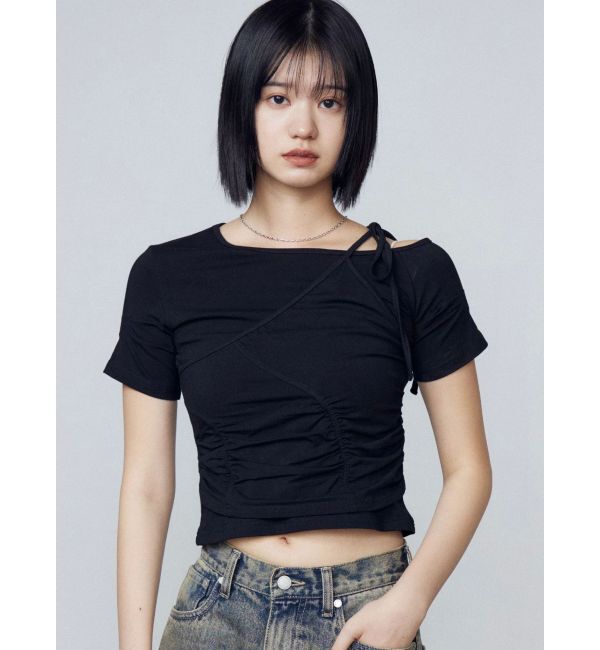 EMODA「アシンメトリーギャザーレイヤートップ」|Tシャツ・カットソー|ブラック