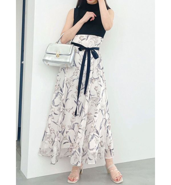 MERCURYDUO「シアーノースリニット花柄ドッキングワンピース」|ワンピース|ブラック