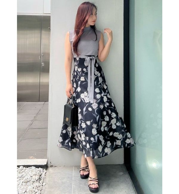 MERCURYDUO「シアーノースリニット花柄ドッキングワンピース」|ワンピース|