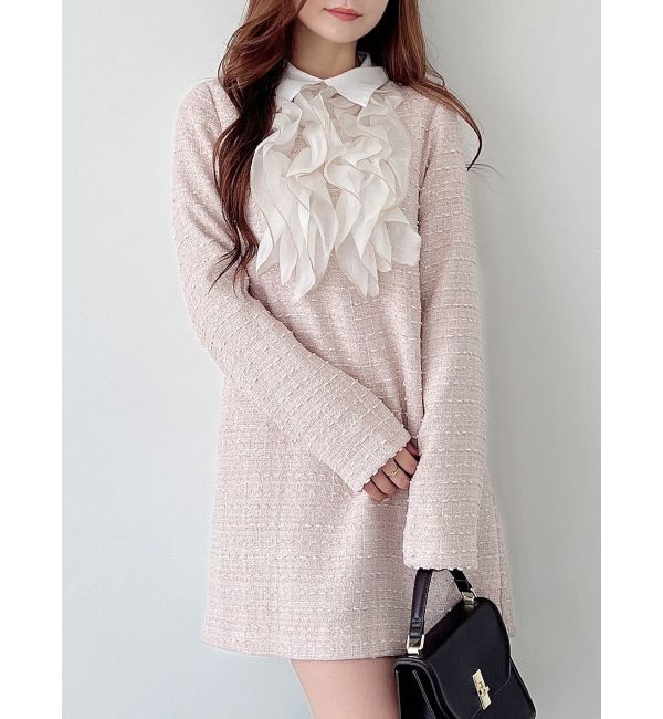 MERCURYDUO「襟付きフロントフリルミニワンピース」|ワンピース|ベージュ