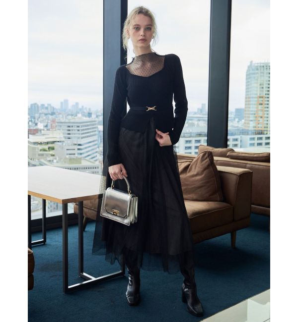 MERCURYDUO「ビットニットドットチュールドッキングワンピース」|ワンピース|