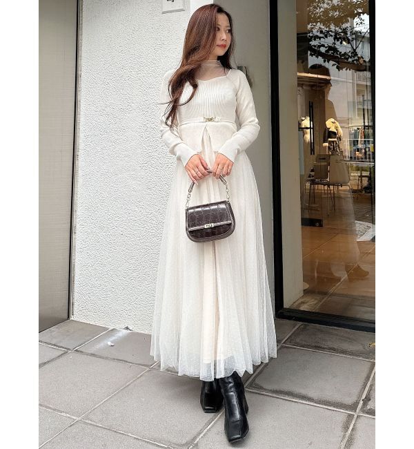 MERCURYDUO「ビットニットドットチュールドッキングワンピース」|ワンピース|