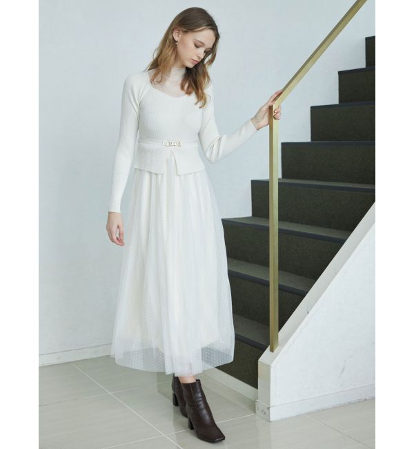 MERCURYDUO「ビットニットドットチュールドッキングワンピース」|ワンピース|