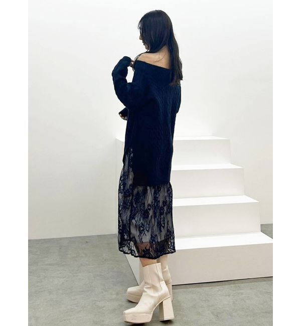 MERCURYDUO「レースドッキングケーブルニットワンピース」|ワンピース|