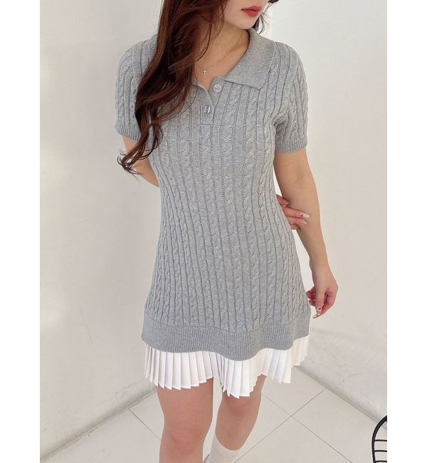 MERCURYDUO「異素材プリーツドッキングポロニットミニワンピース」|ワンピース|グレー