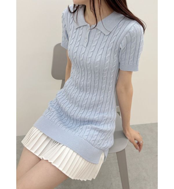 MERCURYDUO「異素材プリーツドッキングポロニットミニワンピース」|ワンピース|アイスブルー