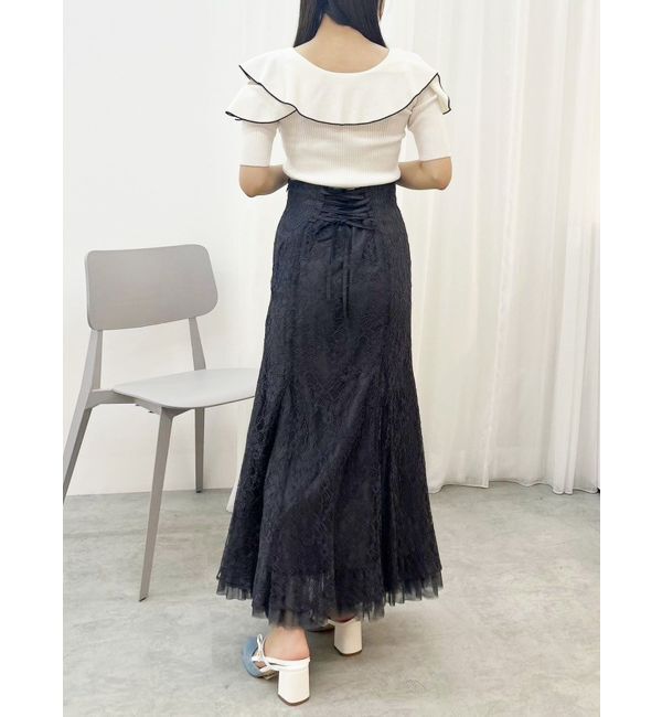 MERCURYDUO「オープンショルダーラッフルハーフスリーブニット」|ニット・セーター|