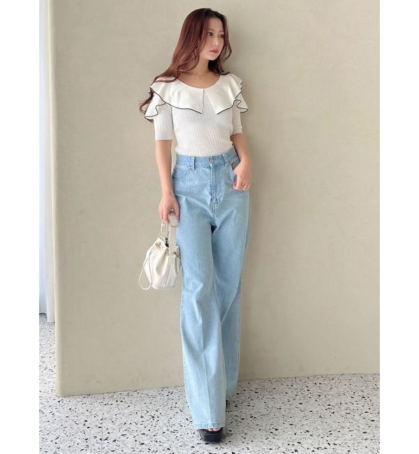 MERCURYDUO「オープンショルダーラッフルハーフスリーブニット」|ニット・セーター|