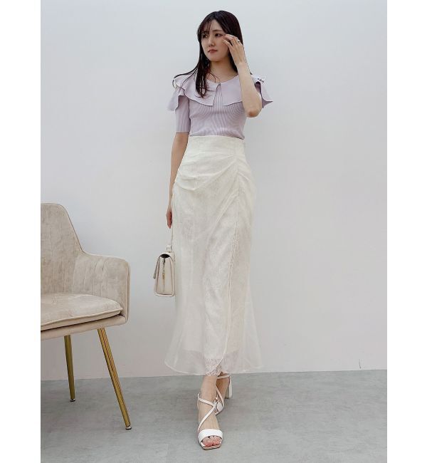 MERCURYDUO「オープンショルダーラッフルハーフスリーブニット」|ニット・セーター|