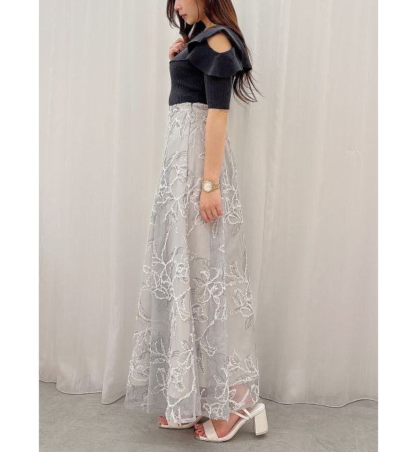 MERCURYDUO「オープンショルダーラッフルハーフスリーブニット」|ニット・セーター|