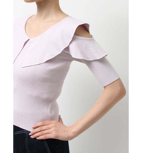 MERCURYDUO「オープンショルダーラッフルハーフスリーブニット」|ニット・セーター|