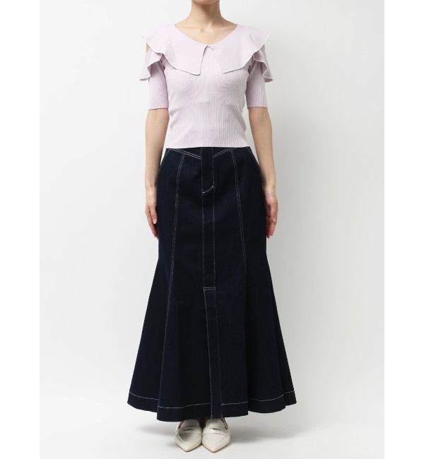 MERCURYDUO「オープンショルダーラッフルハーフスリーブニット」|ニット・セーター|