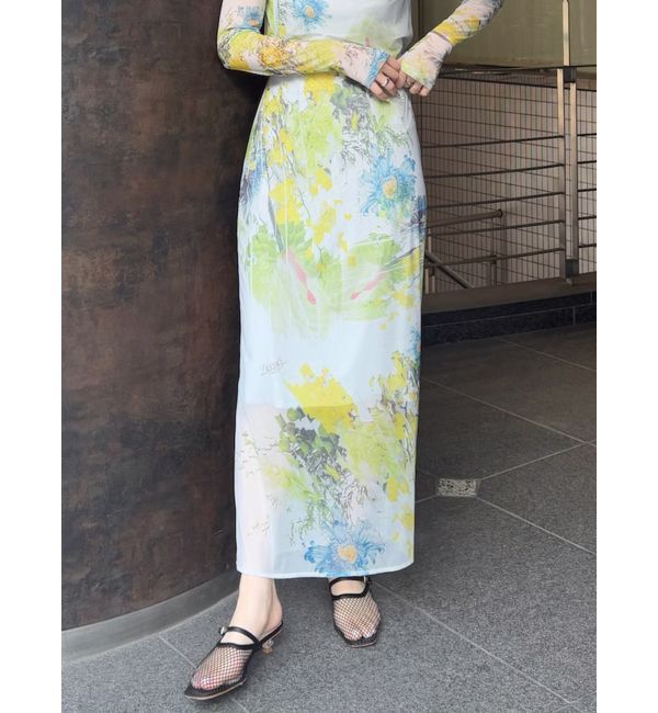 LAGUNAMOON「【DELIGENCE PARLOURコラボ】アートフラワープリントシアースカート」|スカート|ライトグレー