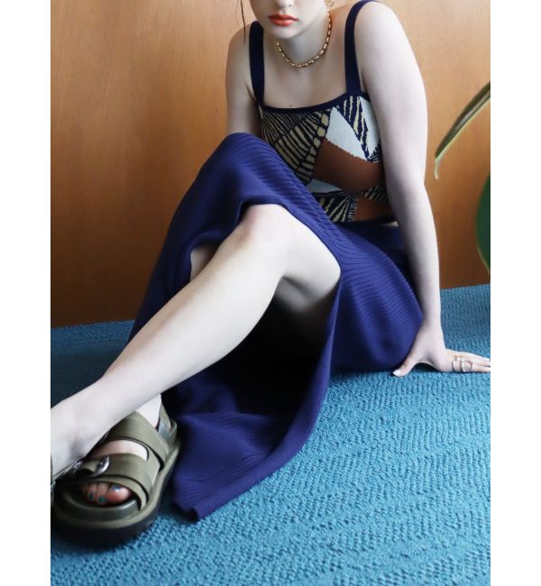 EVRIS「ディープスリットリブロングスカート【セットアップ着用可能】」|スカート|ネイビー