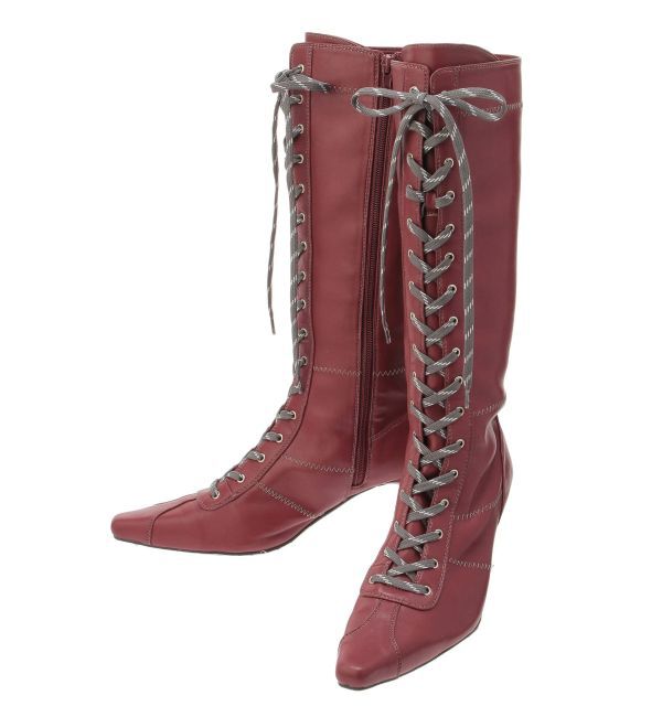 jouetie「ボクシングレースアップブーツ」|ロングブーツ|ボルドー