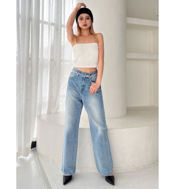 GYDA「ハイウエスト ワイドフリンジデニムパンツ」|デニム|