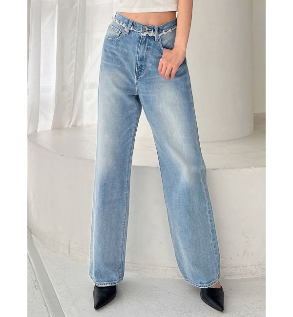 GYDA「ハイウエスト ワイドフリンジデニムパンツ」|デニム|アイスブルー