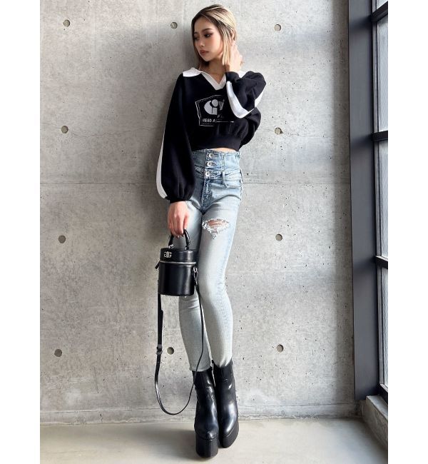 GYDA「round GY BICOLOR POLOニットトップス」|ニット・セーター|