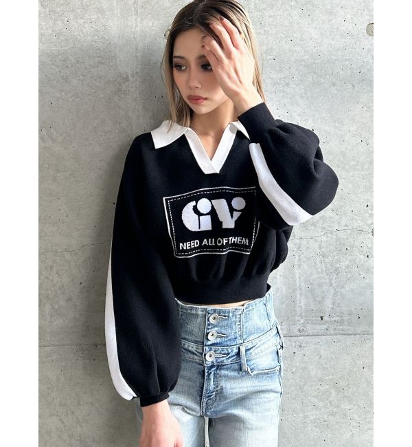 GYDA「round GY BICOLOR POLOニットトップス」|ニット・セーター|ブラック