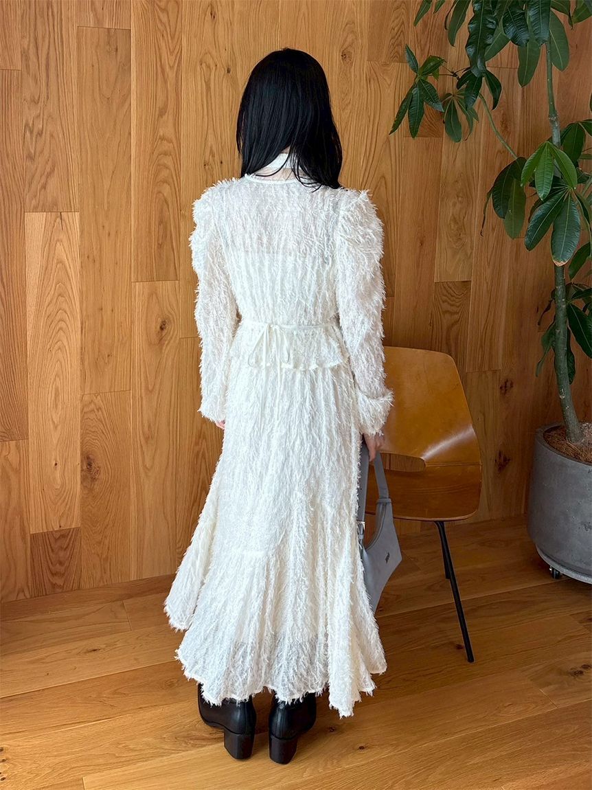 LILY BROWN「【WEB限定00サイズ】ボウタイ付きフリンジジャガードペプラムワンピース」|ワンピース|