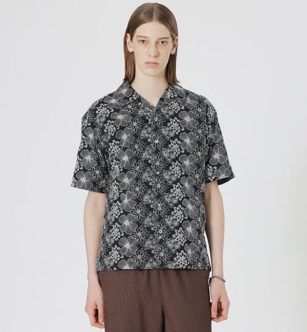  「フラワーエンブロイダリーオープンカラーショートスリーブシャツ」|シャツ・ブラウス|ブラック