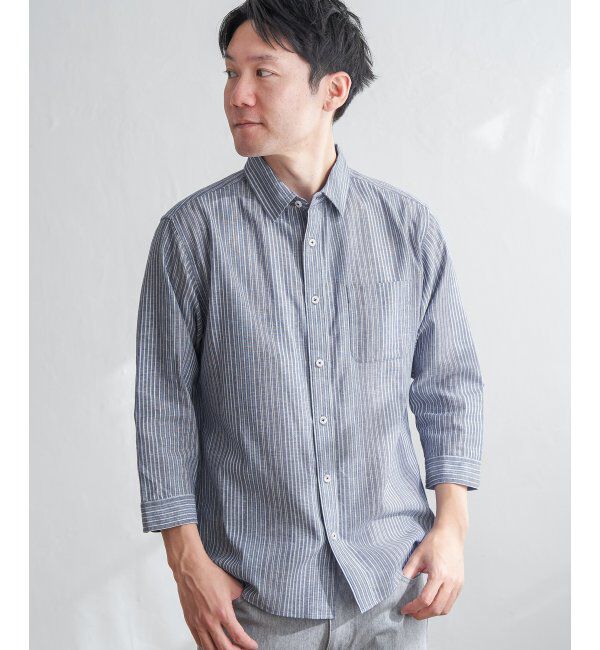ikka「【吸水速乾】7分袖イージーケアリネンストライプシャツ」|シャツ・ブラウス|ネイビーブルー