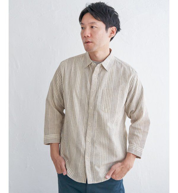 ikka「【吸水速乾】7分袖イージーケアリネンストライプシャツ」|シャツ・ブラウス|ベージュ