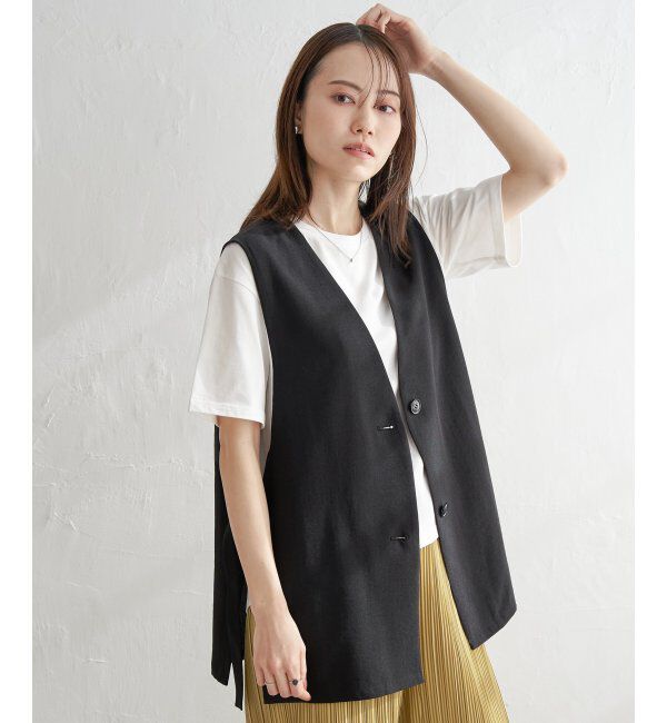 ikka「ノーカラーサイドスリットジレ」|ダウンベスト・ベスト|ブラック