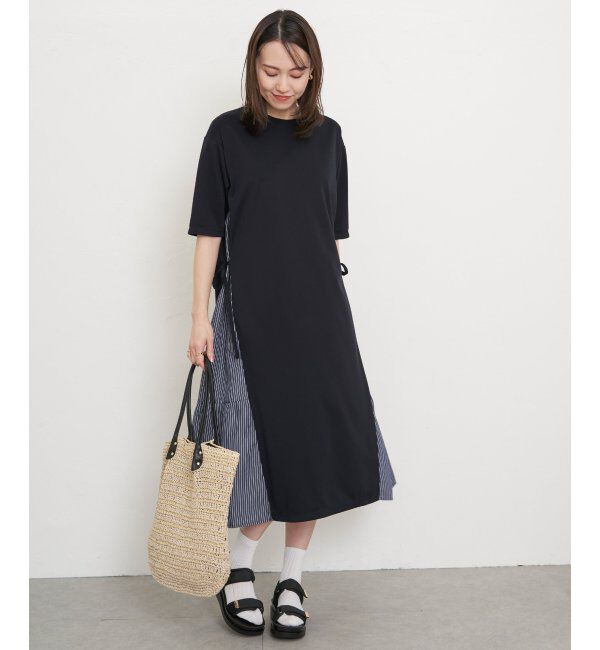 ikka「異素材切り替えサイドリボンワンピース」|ワンピース|