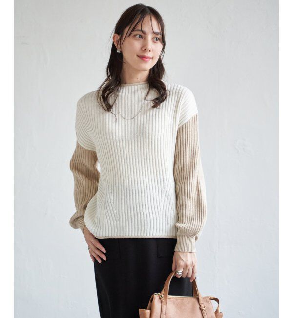 ikka「袖配色ワイドリブニットプルオーバー」|プルオーバー|オフホワイト