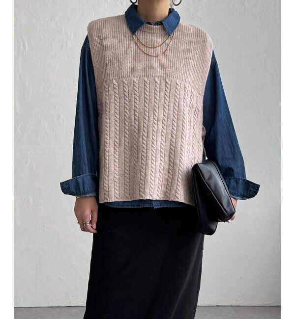 Lbc with Life「ウール混サイドリボンケーブルベスト」|ニット・セーター|ピンクホワイト