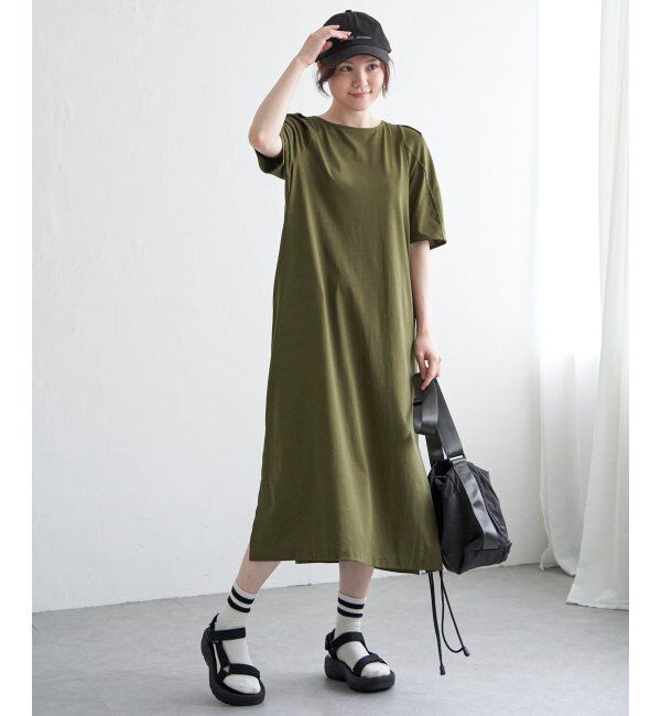 Lbc with Life「【接触冷感】シルケット天竺袖切り替えワンピース」|ワンピース|カーキ