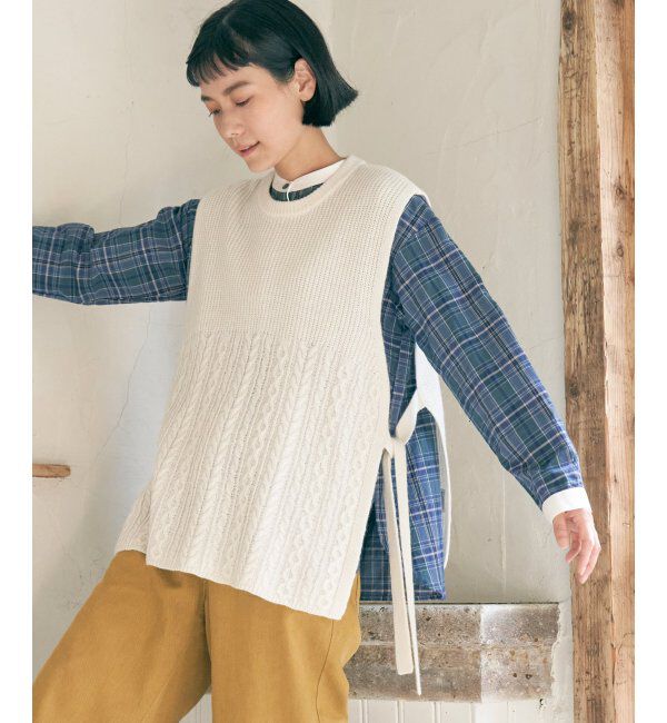 Lbc with Life「ウール混サイドリボンケーブルベスト」|ニット・セーター|オフホワイト