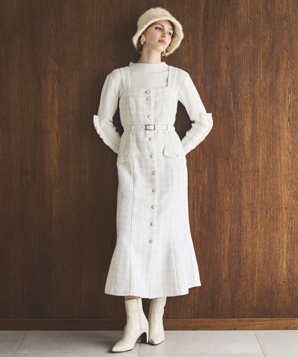 アンドクチュール「ツイードキャミジャンスカ」|ジャンパースカート|オフ