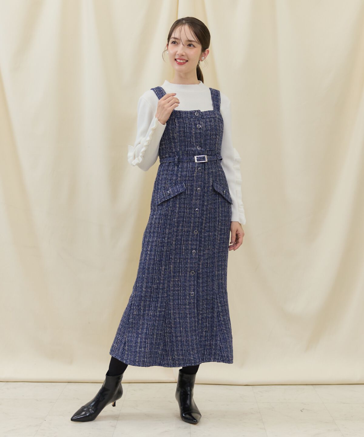 アンドクチュール「ツイードキャミジャンスカ」|ジャンパースカート|ブルー