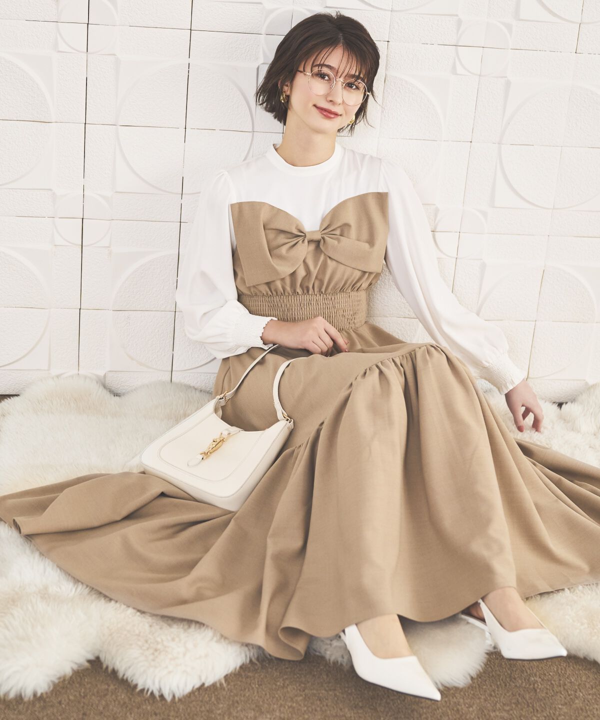 アンドクチュール「フロントリボンティアードワンピース」|ワンピース|ベージュ